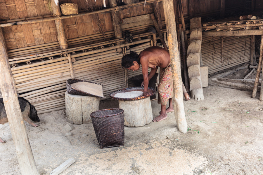 Seminaked Mros (Mrus or Moorangs) tribal woman cleaning rice seed prior to storage, Menron Para Village, Bandarban district, Chittagong Hill Tracts, Bangladesh, Indian Sub-Continent, Asia