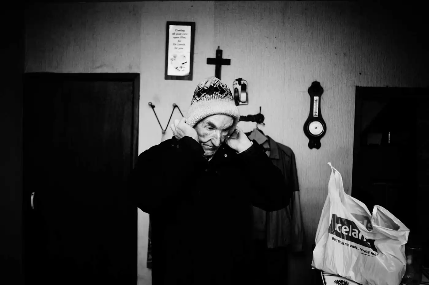 Getting ready putting layers of warm clothes on.