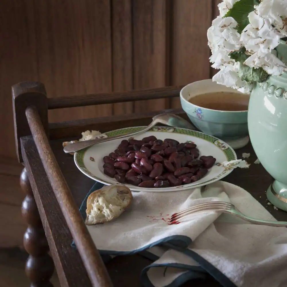 From 'Fictitious Feasts', work about food scenes in literature. Here the scene of eternal red beans and a fork with the narrator's blood, from the French novel "Viper in the fist" (Vipère au poing) by Hervé Bazin