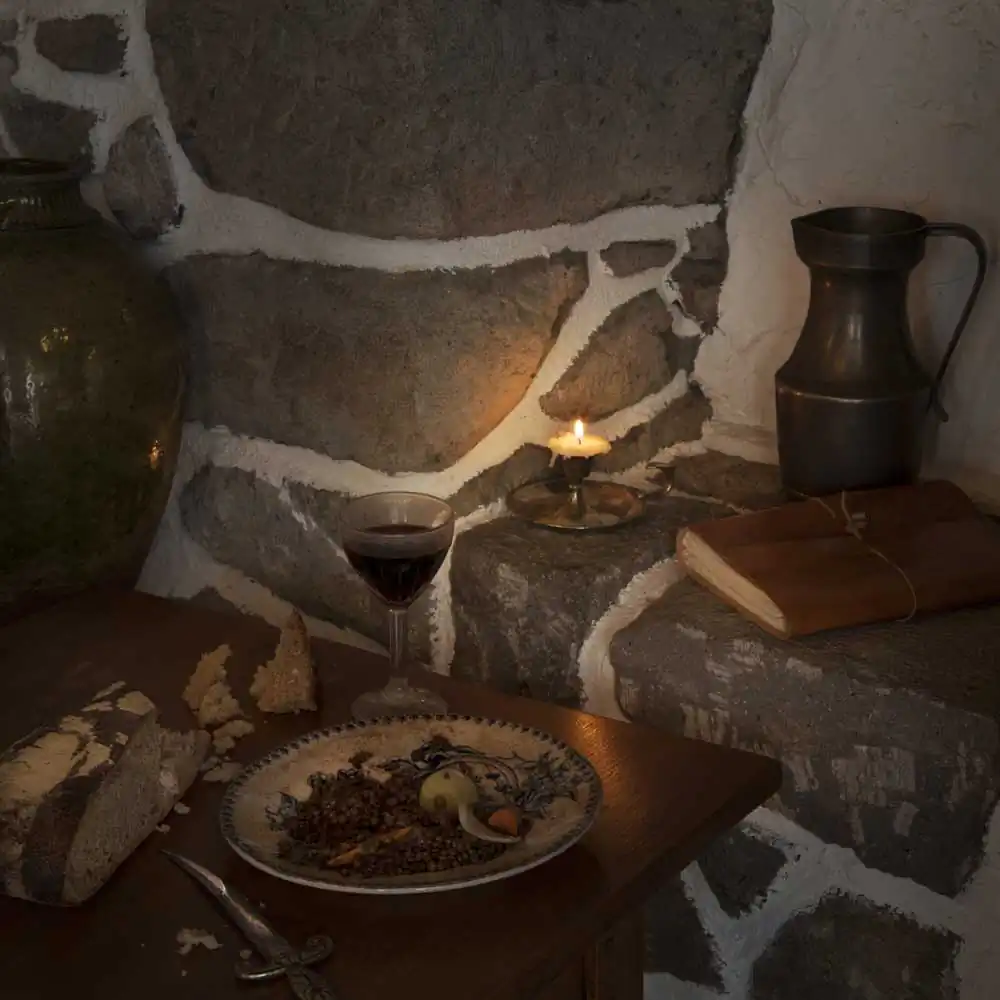 From 'Fictitious Feasts', work about food scenes in literature. Here a lentils dish with manuscripts in an inn , from the Spanish novel "The ingenious Hidalgo Don Quijote of la Mancha" (El ingenioso Hidalgo Don Quixote de la Mancha) by Miguel de Cervantes