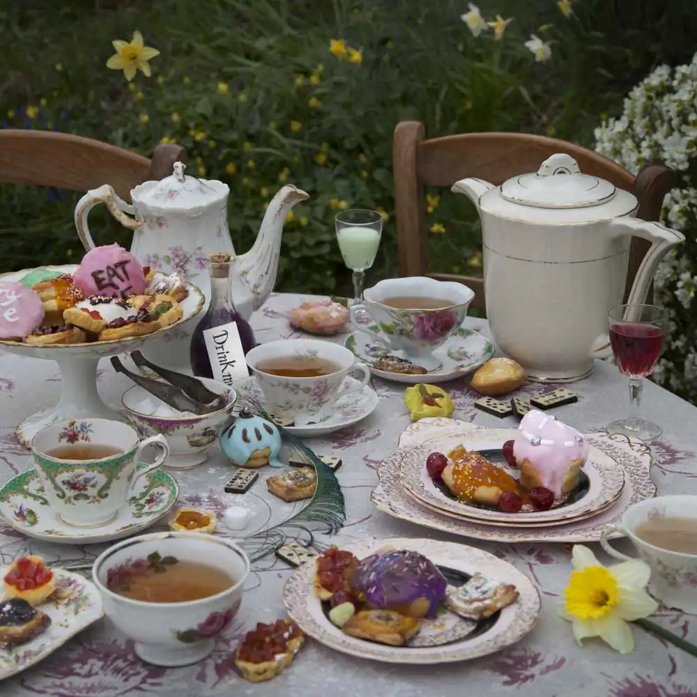 From 'Fictitious Feasts', work about food scenes in literature. Here the mad tea marty with the Hatter and the Hare, from the English novels "Alice's adventures in Wonderland" and "Through the Looking-Glass" by Lewis Carroll.