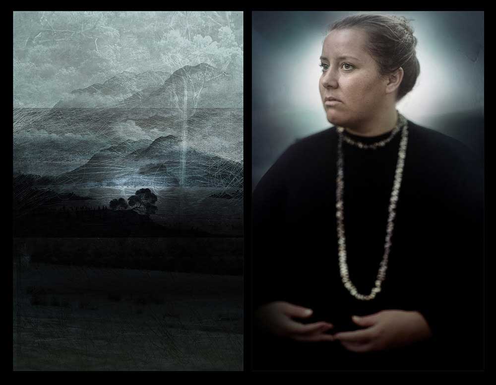 Eliza Pross is a descendant of Truganini who is famed as being one of the last full blooded Tasmanian Aboriginals. Eliza's family is from Bruny Island, the home of Truganini. Portrait taken near Eliza’s home, Narrabeen Lake, New South Wales, Australia. May 2016 This photographic series uses the Black War in the Australian island state of Tasmania as a backdrop to examine the notion of deliberate historical forgetting and reflects on memory, national denial and loss.